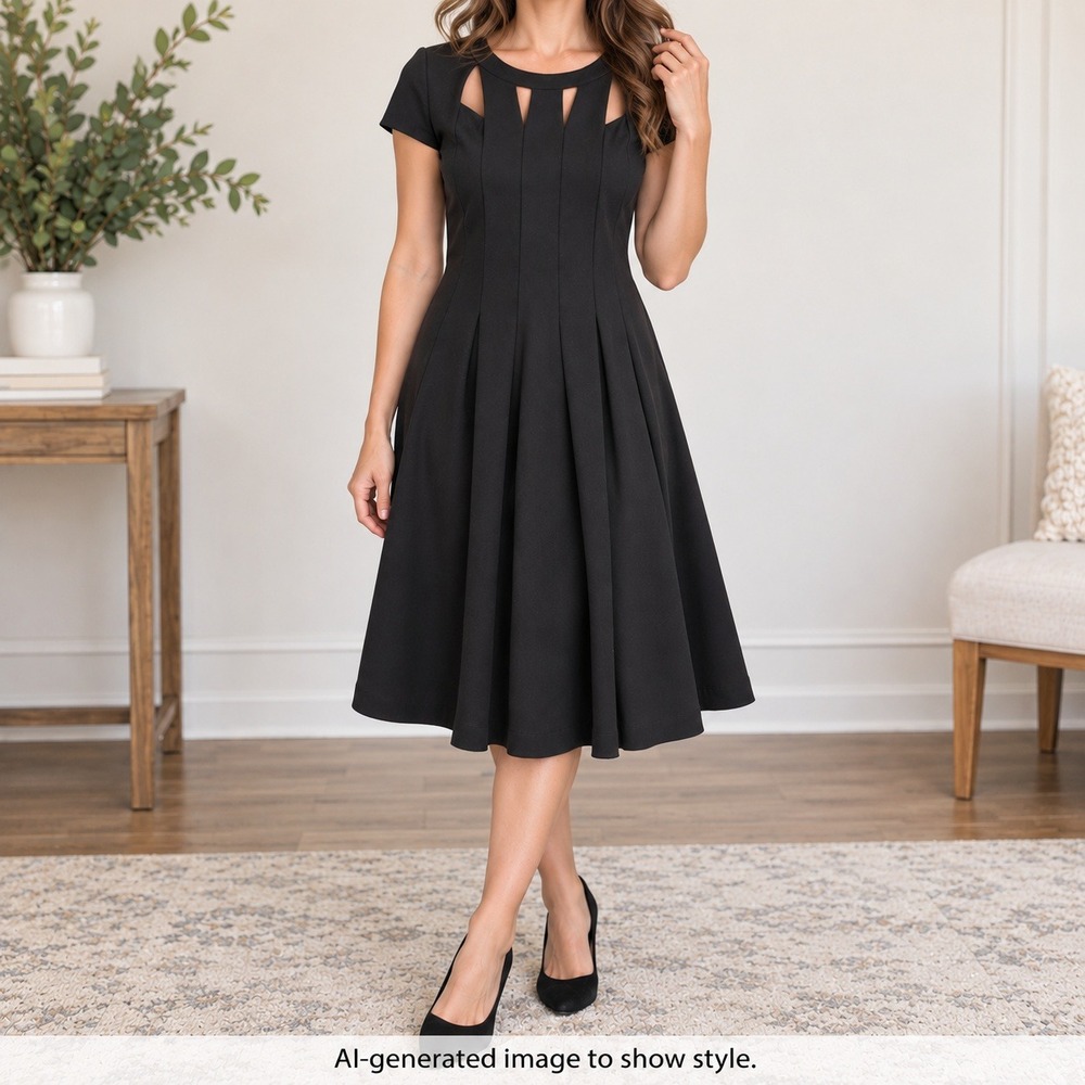 Shelby & Palmer Black Cutout Neckline Pleated Fit & Flare Dress Size 6 Midi